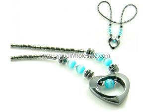 Blue Cat's Eye Opal Beads Hematite Heart Pendant Chain Choker Fashion Necklace